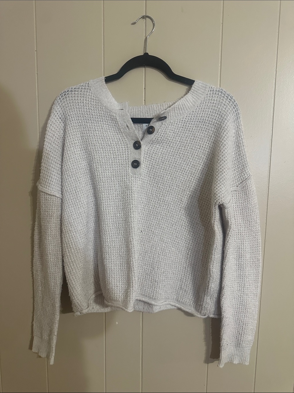 Pink Rose Cream Waffle-Knit Henley Sweater with Button Placket